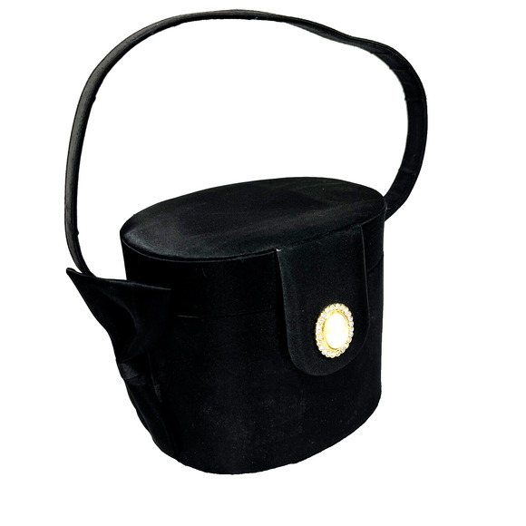 Carla Marchi Black Satin Evening Bag Top Handle Hard Case Purse Bow Rhinestones - Picture 1 of 10